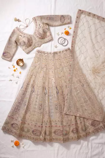 Exquisite Beige Embroidered Lehenga Choli Set with Dupatta