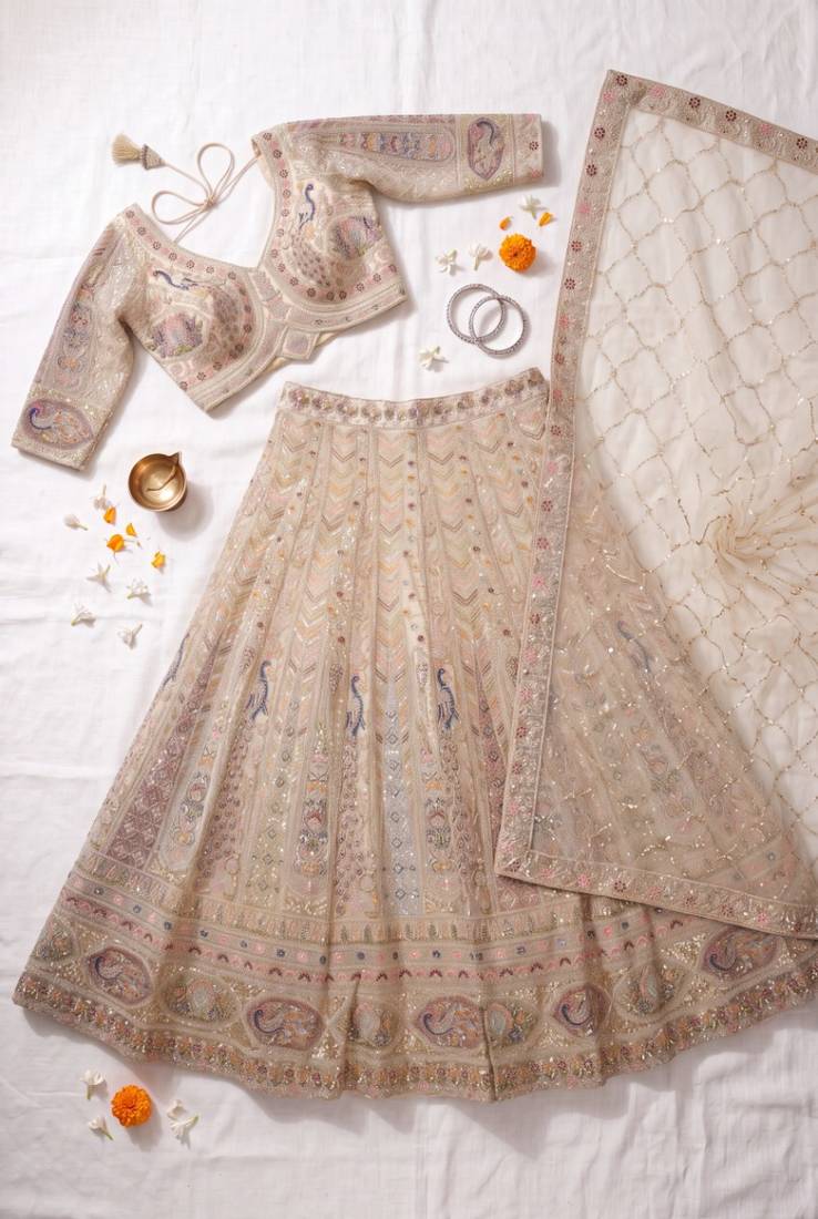 Exquisite Beige Embroidered Lehenga Choli Set with Dupatta