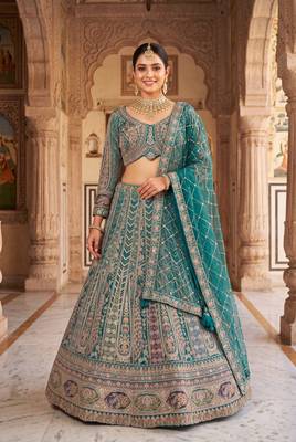 Thread and Zari Work Lehenga Choli – Premium Teal Party Wear Traditional Indian Outfit 1