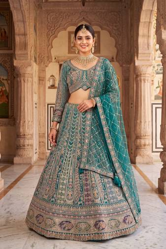 Thread and Zari Work Lehenga Choli – Premium Teal Party Wear Traditional Indian Outfit