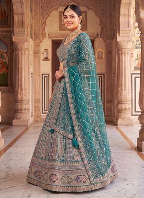 Thread and Zari Work Lehenga Choli – Premium Teal Party Wear Traditional Indian Outfit 2