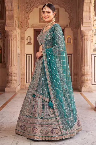 Thread and Zari Work Lehenga Choli – Premium Teal Party Wear Traditional Indian Outfit