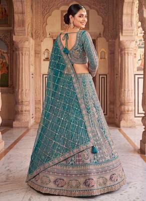 Thread and Zari Work Lehenga Choli – Premium Teal Party Wear Traditional Indian Outfit 3