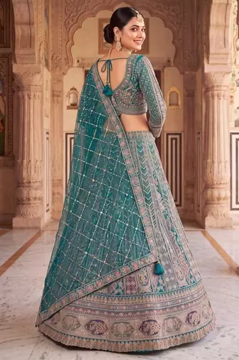 Thread and Zari Work Lehenga Choli – Premium Teal Party Wear Traditional Indian Outfit