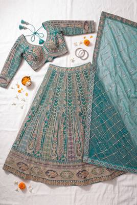 Thread and Zari Work Lehenga Choli – Premium Teal Party Wear Traditional Indian Outfit 4