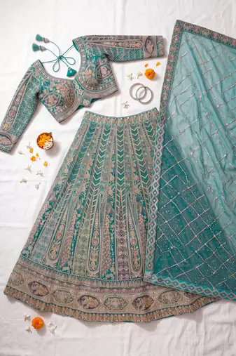 Thread and Zari Work Lehenga Choli – Premium Teal Party Wear Traditional Indian Outfit