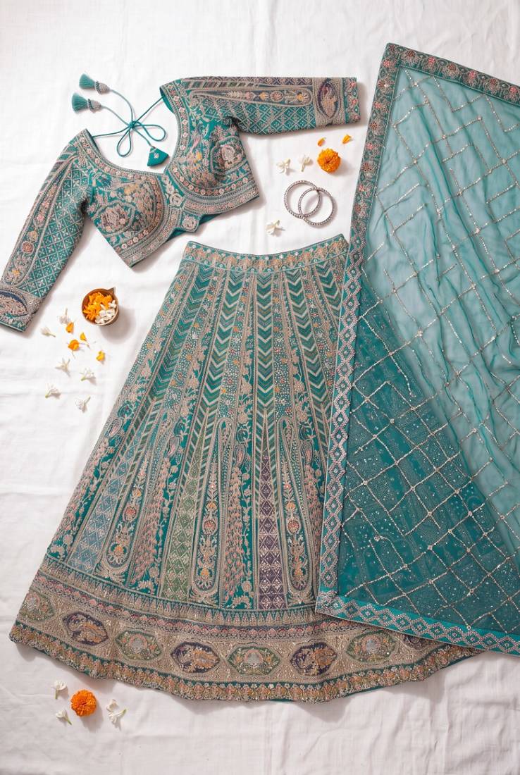 Thread and Zari Work Lehenga Choli – Premium Teal Party Wear Traditional Indian Outfit