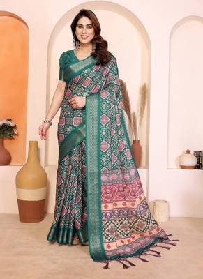 green color print work cotton blend saree 1