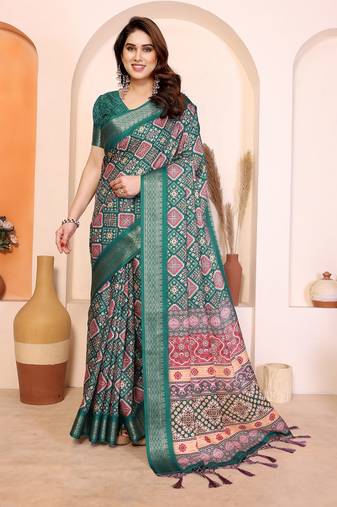 green print work cotton blend saree
