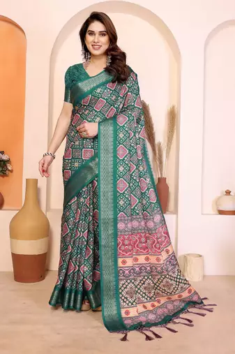 green color print work cotton blend saree