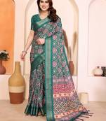 green color print work cotton blend saree