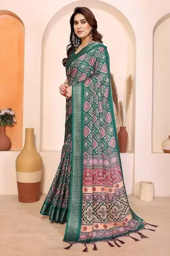 green color print work cotton blend saree