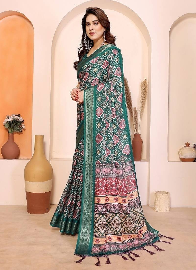 green color print work cotton blend saree