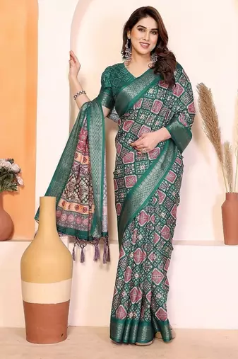 green color print work cotton blend saree