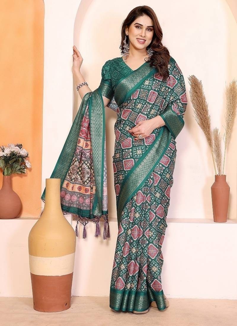 green color print work cotton blend saree