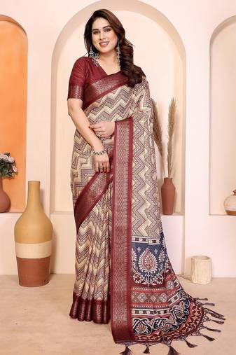 maroon print work cotton blend saree