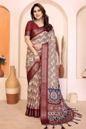 maroon print work cotton blend saree