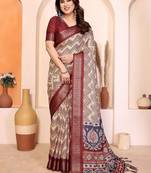 maroon print work cotton blend saree