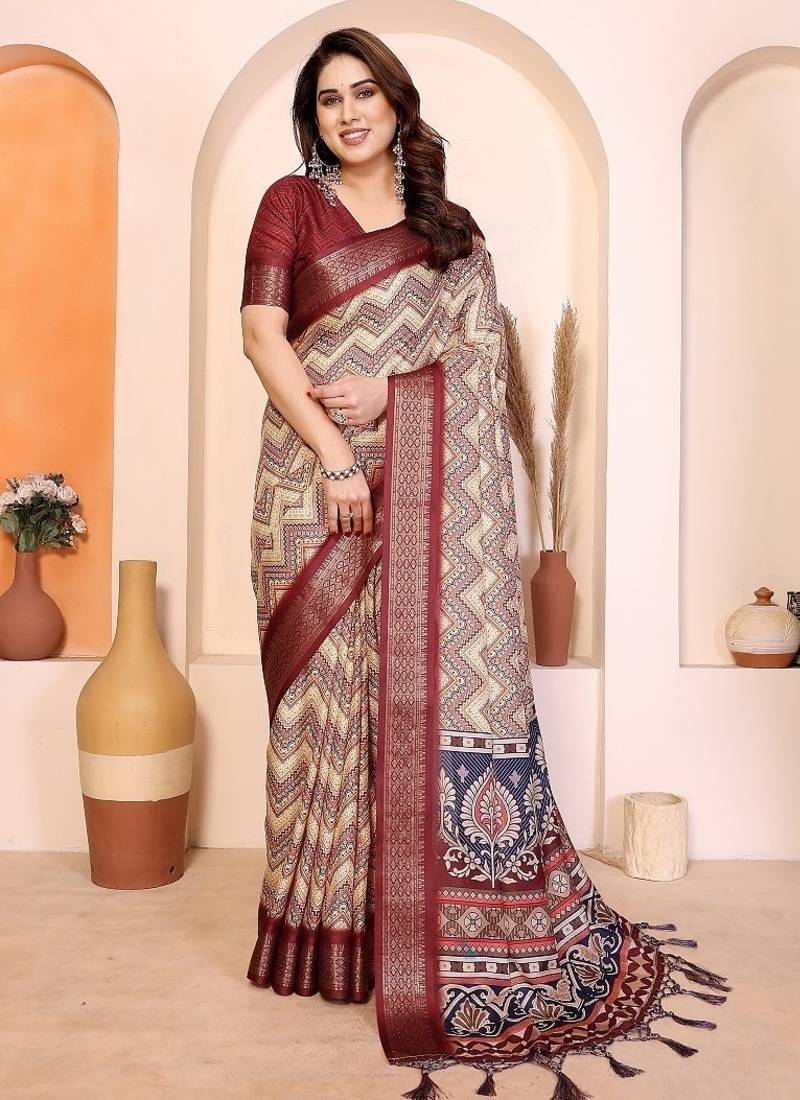 maroon print work cotton blend saree