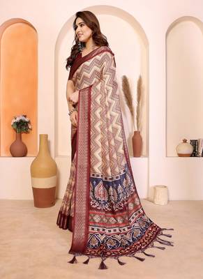 maroon print work cotton blend saree 2