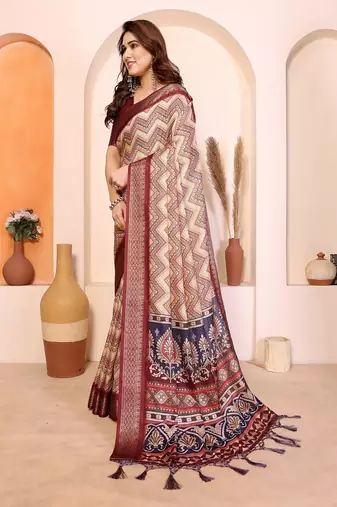 maroon print work cotton blend saree