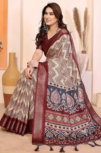 maroon print work cotton blend saree