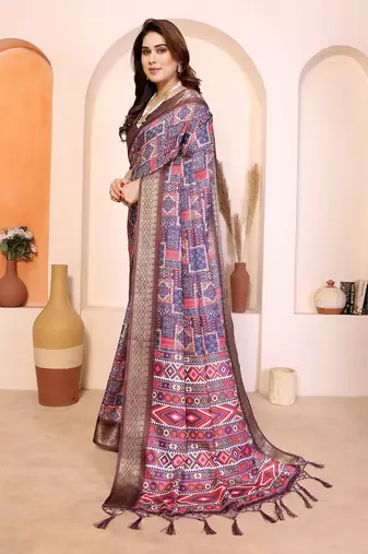 multi color print work cotton blend saree