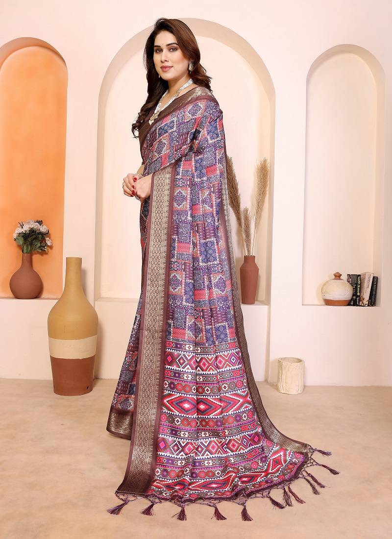 multi color print work cotton blend saree