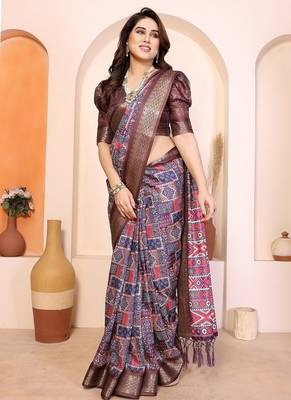 multi color print work cotton blend saree 3