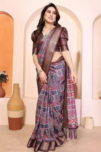 multi color print work cotton blend saree