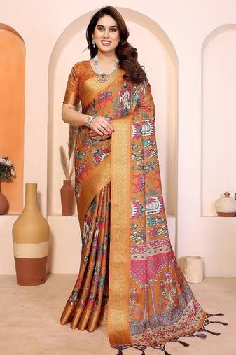 mustard print work cotton blend saree