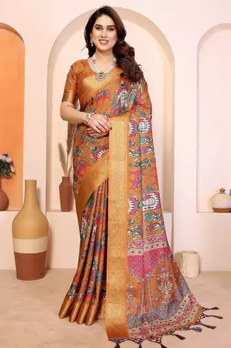 mustard print work cotton blend saree