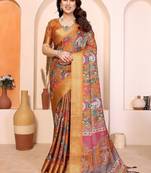 mustard print work cotton blend saree