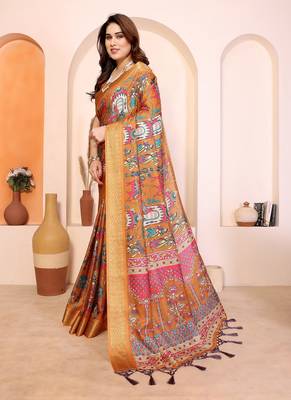mustard print work cotton blend saree 2