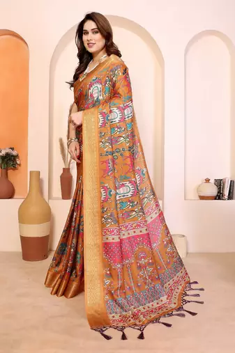 mustard print work cotton blend saree