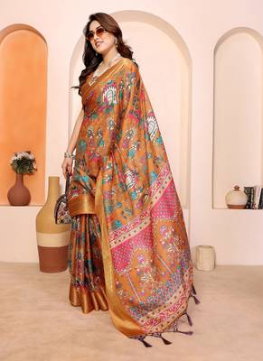 mustard print work cotton blend saree 3