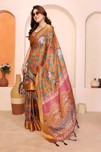mustard print work cotton blend saree