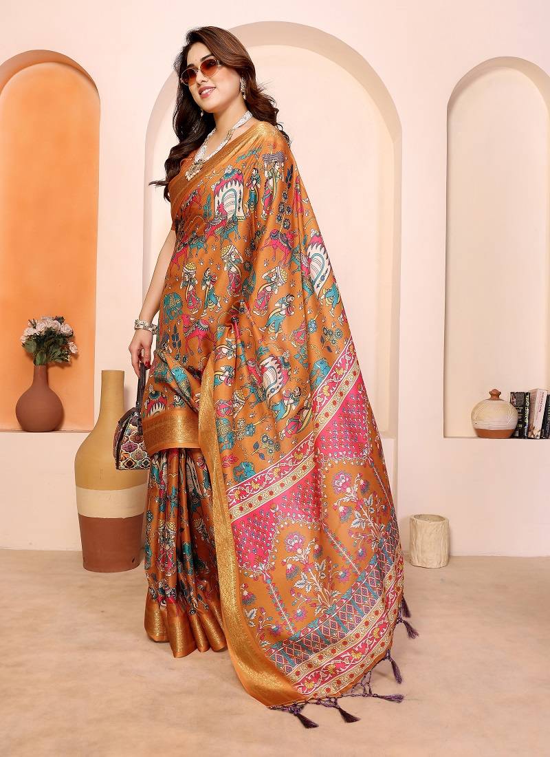mustard print work cotton blend saree