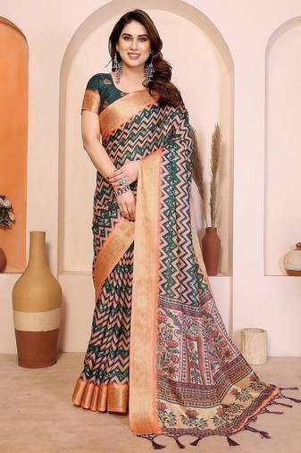 peach print work cotton blend saree
