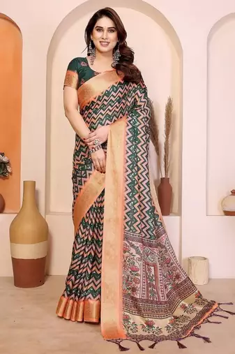peach print work cotton blend saree