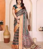 peach print work cotton blend saree