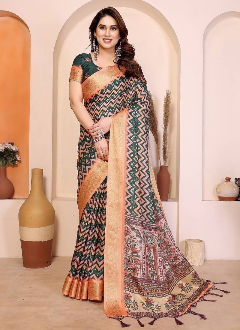 peach print work cotton blend saree