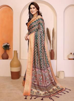 peach print work cotton blend saree 2