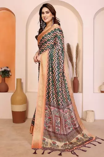 peach print work cotton blend saree
