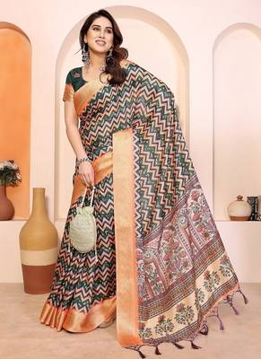 peach print work cotton blend saree 3