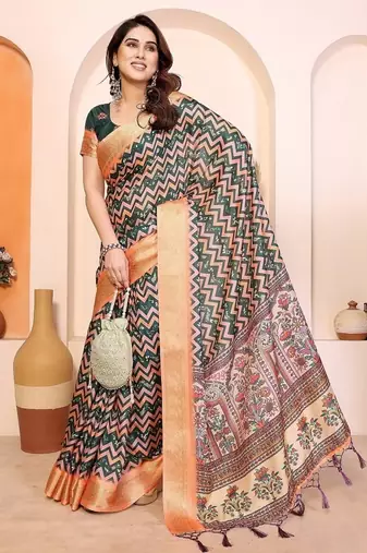 peach print work cotton blend saree