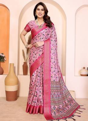 pink print work cotton blend saree 1