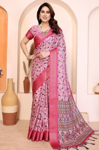 pink print work cotton blend saree