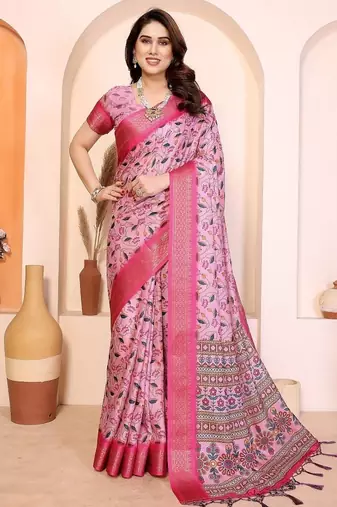 pink print work cotton blend saree