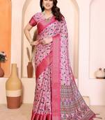 pink print work cotton blend saree